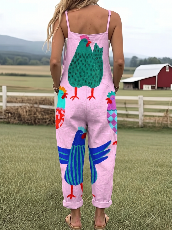 Pink rooster print jumpsuit back view