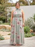 Women's Green Floral Chiffon Maxi Dress – Halter Neck | Florence