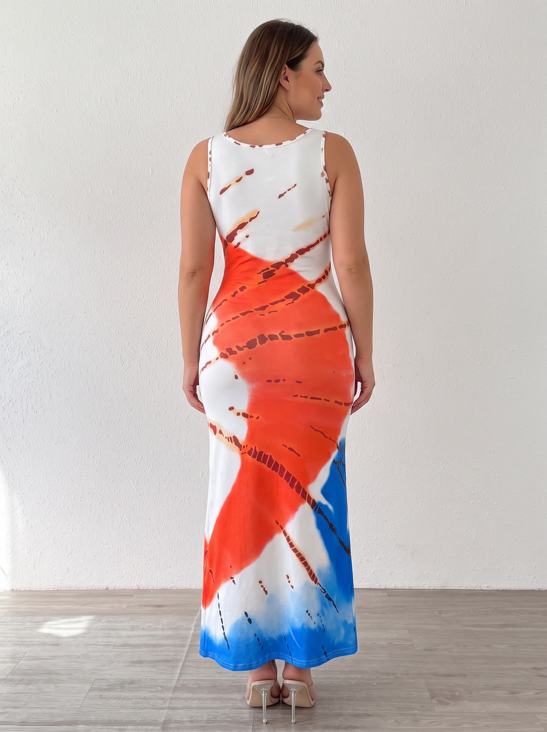 Back view of the tie-dye bodycon maxi dress, closed scoop back