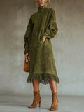 Women's Suede Midi Dress - Puff Sleeve, Fringe Hem | Aurora
