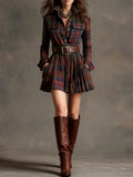 Women's Checked Mini Dress - Collared and Belted, Red Brown